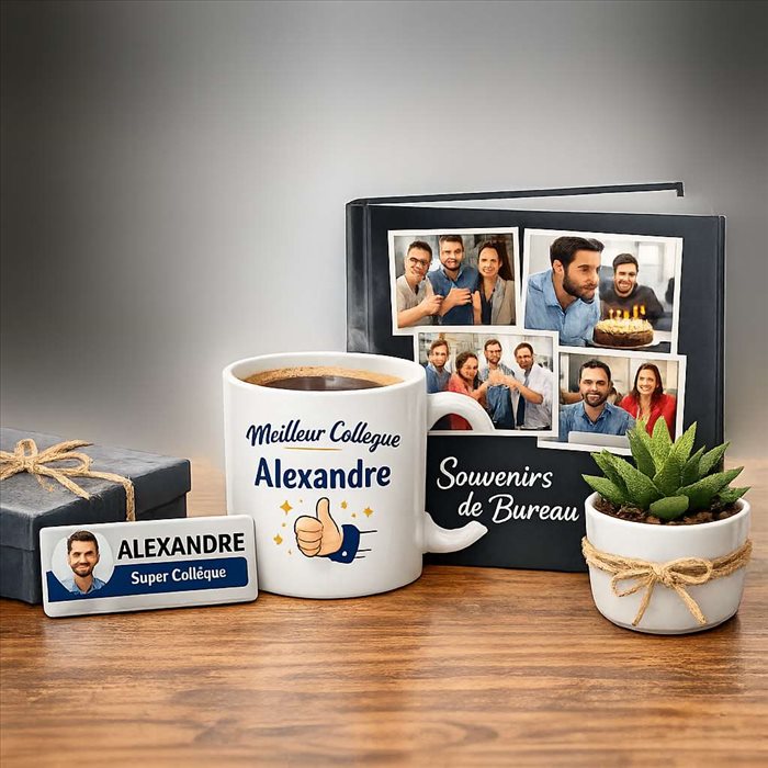 Idées cadeaux pour un collègue : badge, mug, album et plante